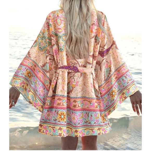 Tops - Floral Print Belted Kimono Cover up